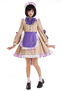 [Officially Licensed] Lilac Charm Kawaii Dark Skull Print Maid Cosplay Costume with Bowknot Apron