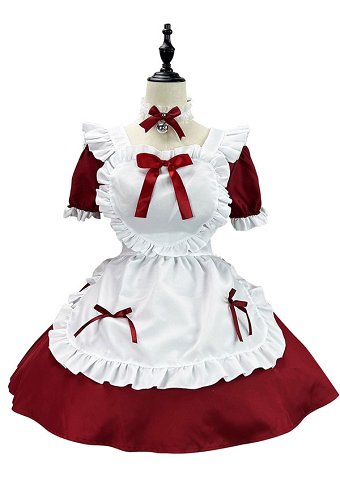 Christmas Kawaii Maid Outfit Ruffle Bow Decorated Dress and Apron with Headdress and Choker