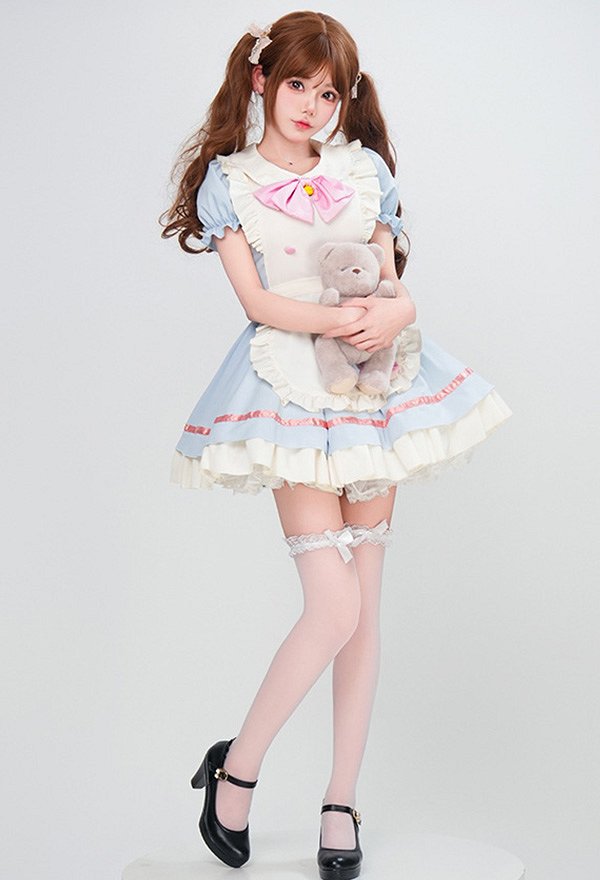 1/3 Delusion Cute Maid Dress Lolita Vestido y Delantal con Cuello Bowknot