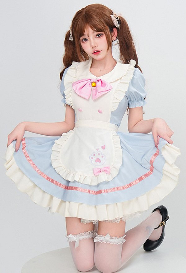 1/3 Delusion Cute Maid Dress Lolita Vestido y Delantal con Cuello Bowknot