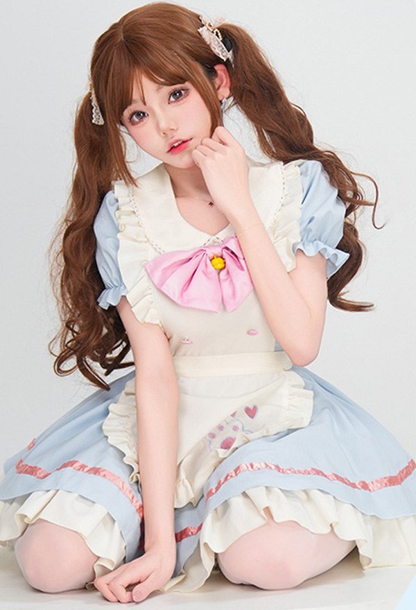 1/3 Delusion Cute Maid Dress Lolita Vestido y Delantal con Cuello Bowknot
