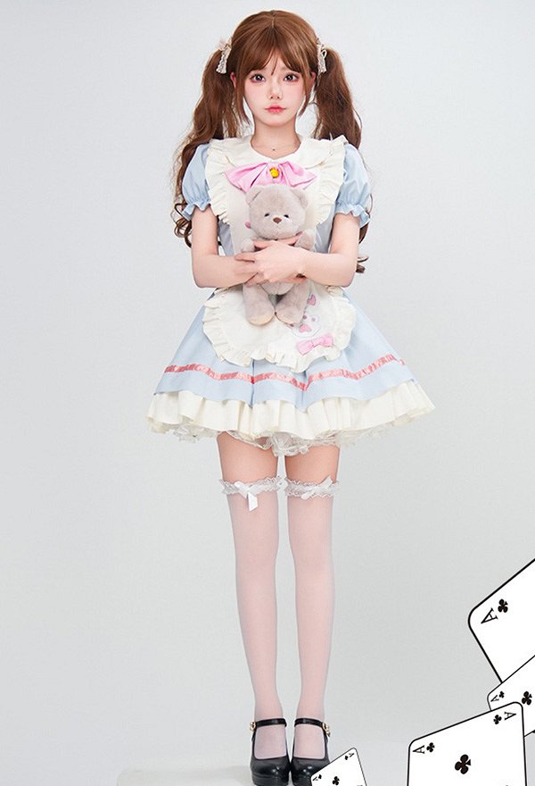 1/3 Delusion Cute Maid Dress Lolita Vestido y Delantal con Cuello Bowknot