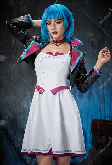 Arcane LOL Universo Jinx Cosplay Disfraz Vestido Blanco con Chaqueta Collar