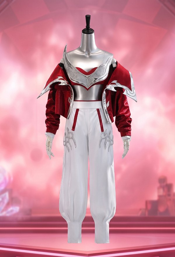 Disfraz Cosplay de Akali K/DA Firestarter Skin de LOL Conjunto Blanco y Rojo Top de Tubo y Pantalones con Chaqueta