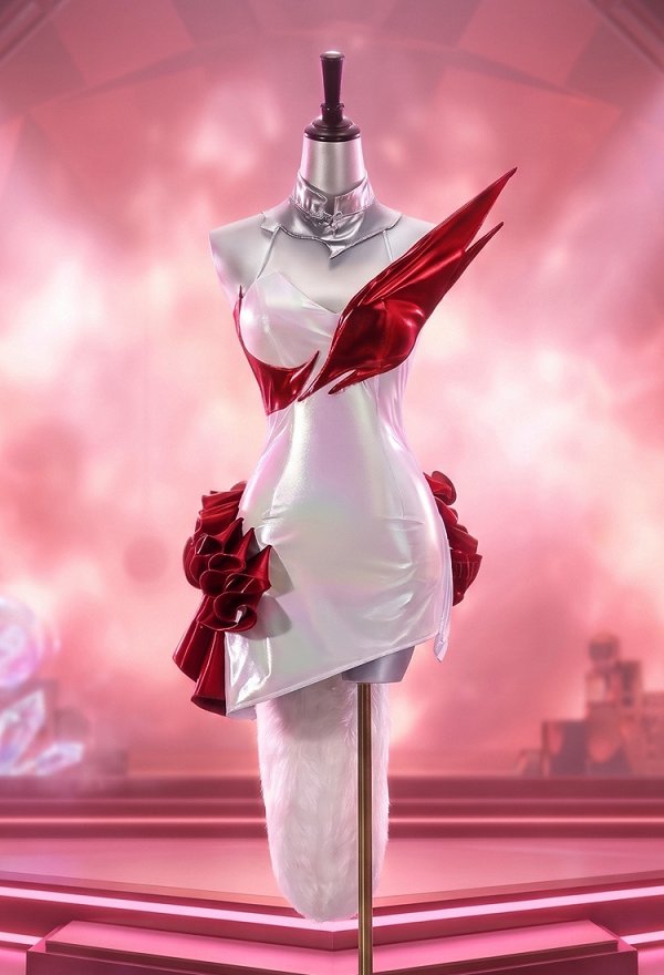 LoL Ahri K/DA Firestarter Skin Cosplay Kostüm weiß-rotes Kleid mit Plüschschwanz LoL Ahri K/DA Firestarter Skin Cosplay Kostüm weiß-rotes Kleid mit Plüschschwanz