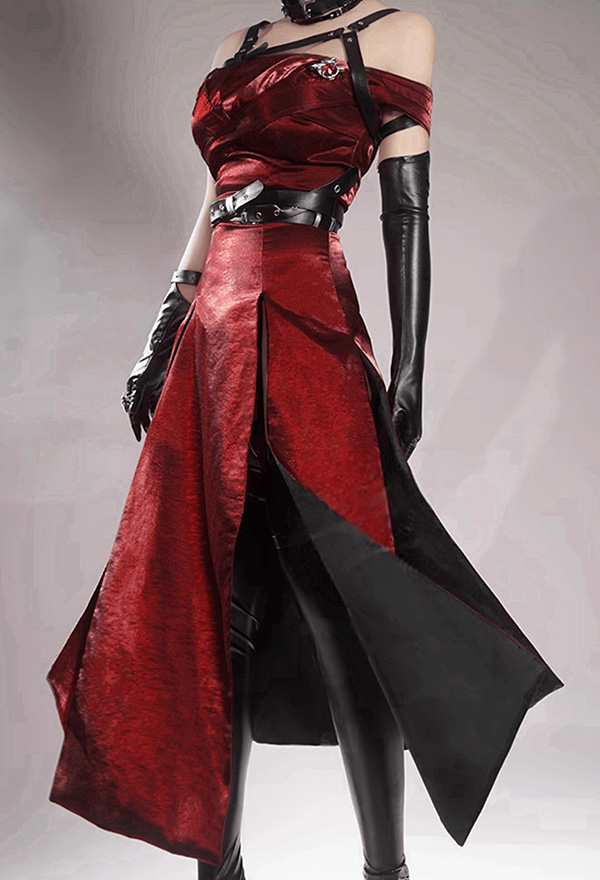 Love and deepspace Disfraz de Cosplay Traje de Vestir Rojo con Medias de Cuero y Correas en el Pecho