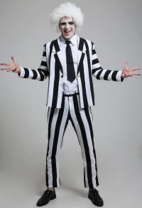 Male Black and White Vertical Stripes Jacket Suit Costume with Tie