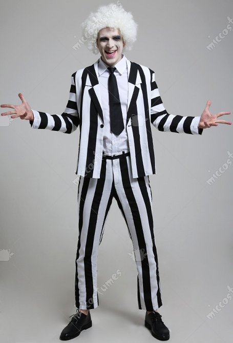 Costume de Halloween Cosplay Clown à Rayures Verticales Noires et Blanches pour Homme avec Cravate