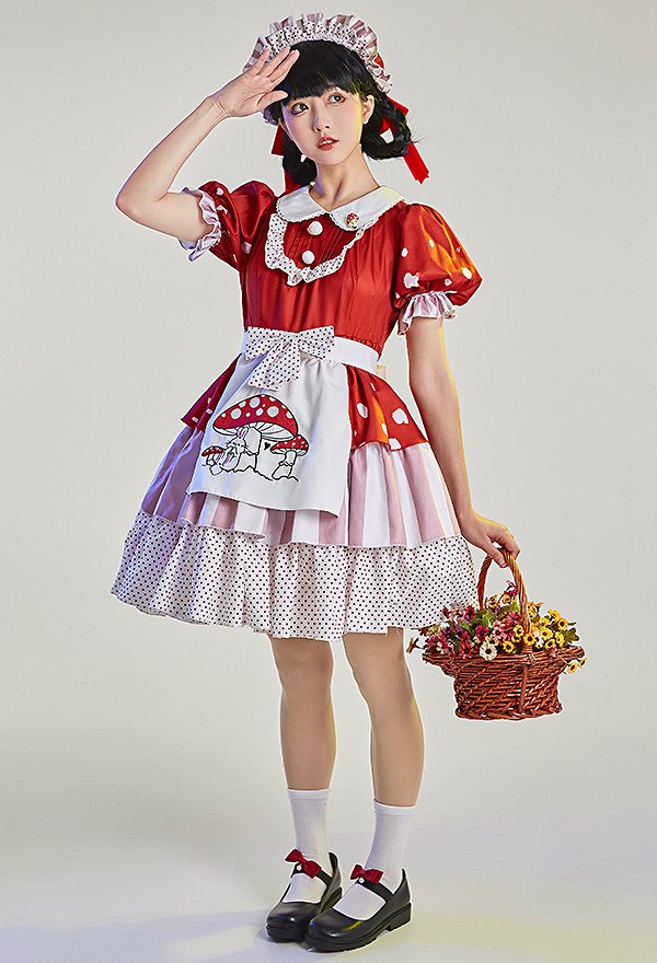 Women Kawaii Maid Costume Red Mushroom Maid Style Dress with Hat Apron Brooch