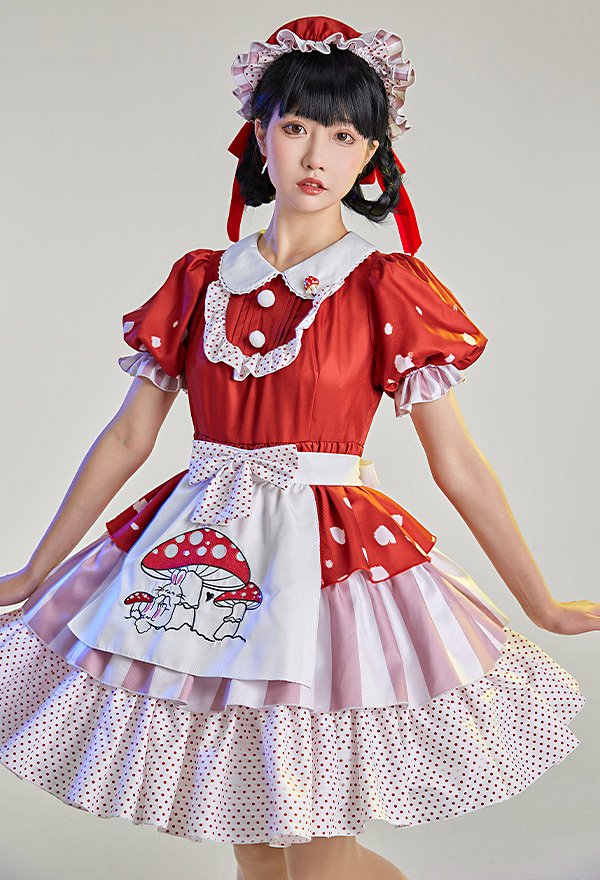 Women Kawaii Maid Costume Red Mushroom Maid Style Dress with Hat Apron Brooch