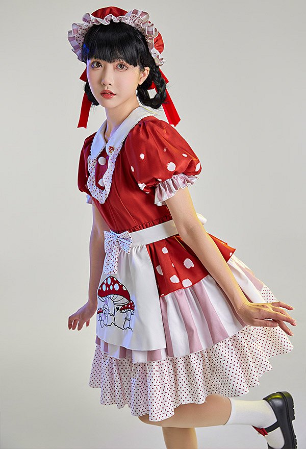 Women Kawaii Maid Costume Red Mushroom Maid Style Dress with Hat Apron Brooch