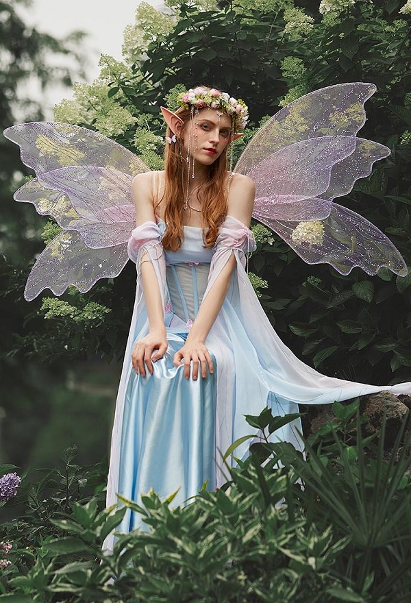 Medieval Vintage Mariposa Elfo Estilo Vestido Renacimiento Hada Azul Rosa Vestido Irregular con Mangas
