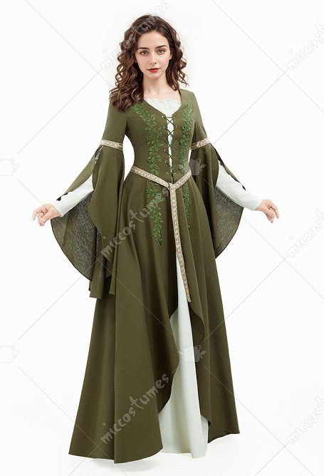 Renacentista Medieval Vestido retro largo de hada con mangas anchas y cinturón
