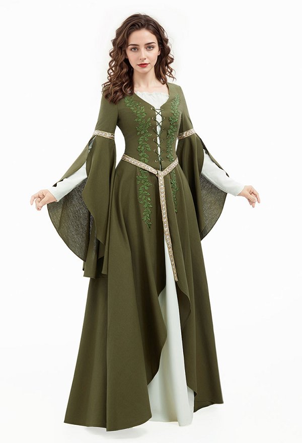 The Lord of the Rings médiéval Vintage Robe longue de fée Renaissance à manches larges et ceinture