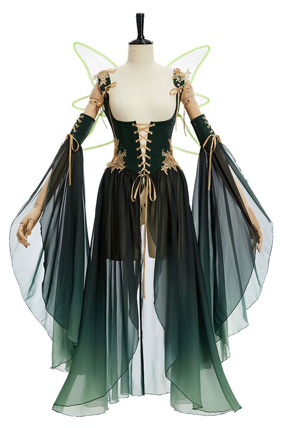 Medieval Fantasy Green Elf Dress Elegant Retro Dress Houppelande with Sleeves and Wing Medieval Fantasy Green Elf Dress Elegant Retro Dress Houppelande with Sleeves and Wing