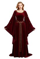 Vestido de terciopelo de bruja malvada medieval renacentista con mangas anchas y cinturón Vestido de terciopelo de bruja malvada medieval renacentista con mangas anchas y cinturón