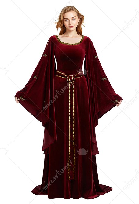 Vestido de terciopelo de bruja malvada medieval renacentista con mangas anchas y cinturón