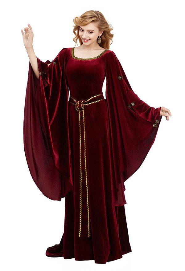 Mittelalterliches Renaissance Kostüm Hexen Samtkleid mit Weiten Ärmeln und Gürtel Mittelalterliches Renaissance Kostüm Hexen Samtkleid mit Weiten Ärmeln und Gürtel