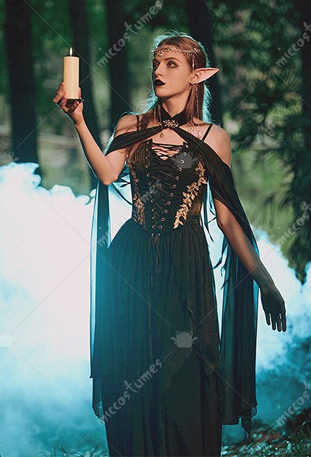 Medieval Renacentista Conjunto de Elfa Vestido de noche con falda interior y túnica con capa