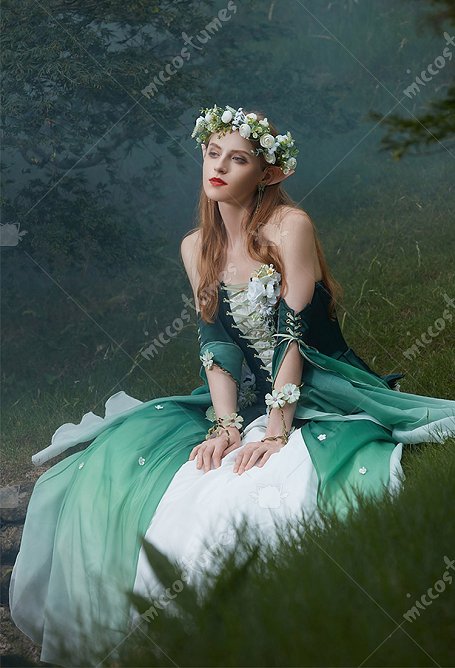 Medieval Renacentista Vestido de hada de las flores con degradado verde falda exterior con mangas