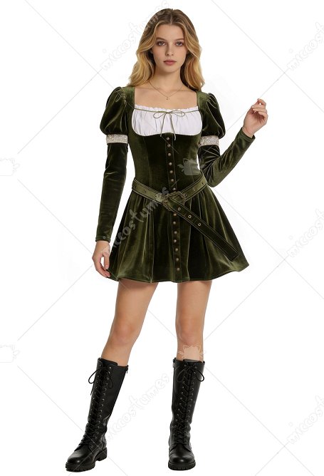 Vestido renacentista medieval de terciopelo corto con mangas abullonadas y cinturón