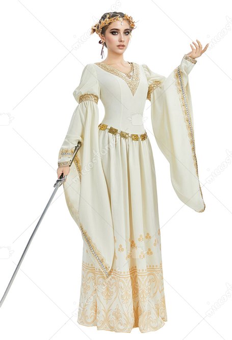 Vestido de Princesa Reina Renacentista Medieval con cadena en la cintura y broche