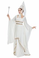 Medieval Renacentista Vestido blanco de princesa con ribete de encaje dorado y sombrero de copa puntiagudo Medieval Renacentista Vestido blanco de princesa con ribete de encaje dorado y sombrero de copa puntiagudo