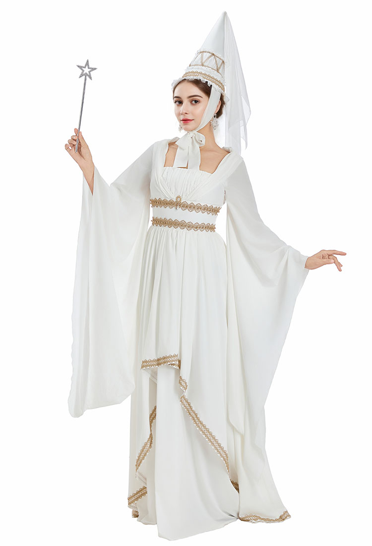 Medieval Renacentista Vestido blanco de princesa con ribete de encaje dorado y sombrero de copa puntiagudo