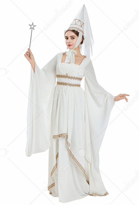Medieval Renacentista Vestido blanco de princesa con ribete de encaje dorado y sombrero de copa puntiagudo