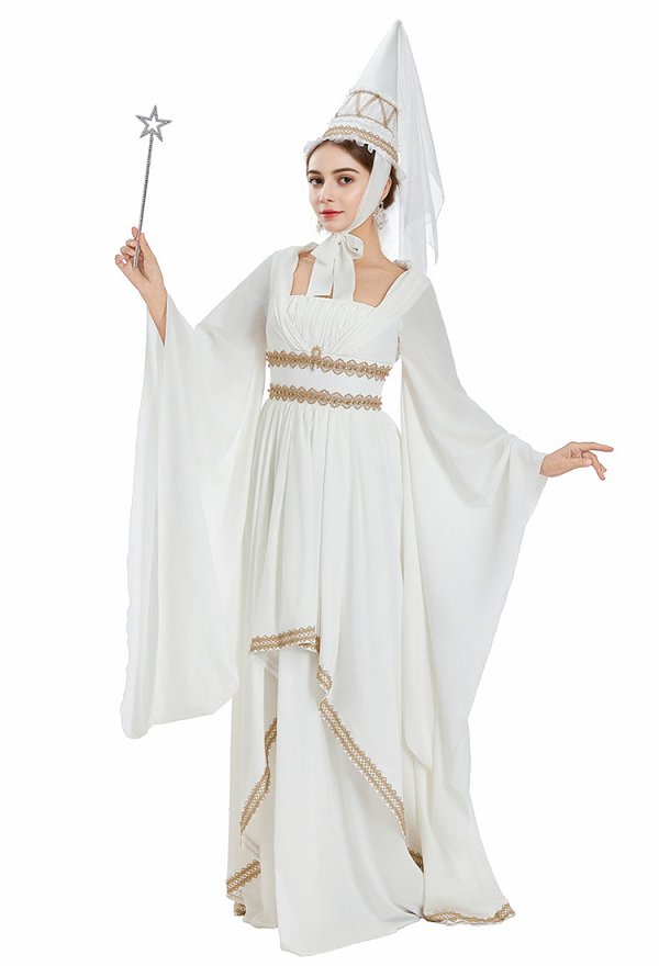 Medieval Renacentista Vestido blanco de princesa con ribete de encaje dorado y sombrero de copa puntiagudo Medieval Renacentista Vestido blanco de princesa con ribete de encaje dorado y sombrero de copa puntiagudo