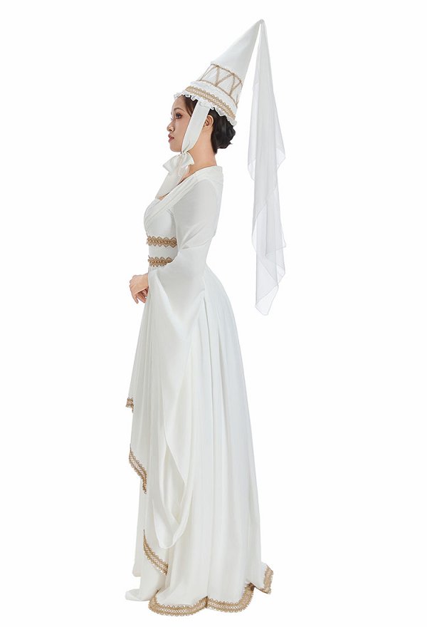 Medieval Renacentista Vestido blanco de princesa con ribete de encaje dorado y sombrero de copa puntiagudo Medieval Renacentista Vestido blanco de princesa con ribete de encaje dorado y sombrero de copa puntiagudo