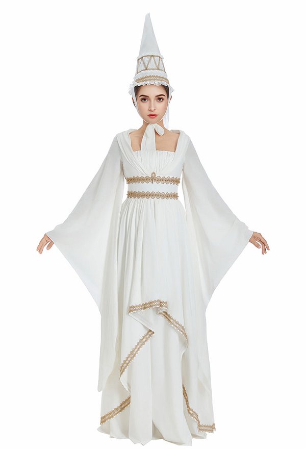 Medieval Renacentista Vestido blanco de princesa con ribete de encaje dorado y sombrero de copa puntiagudo Medieval Renacentista Vestido blanco de princesa con ribete de encaje dorado y sombrero de copa puntiagudo