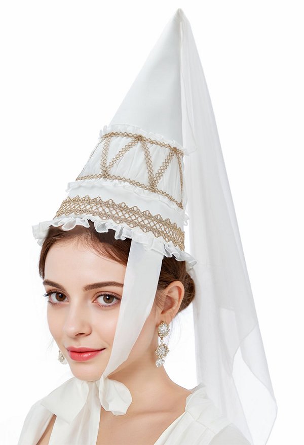 Medieval Renacentista Vestido blanco de princesa con ribete de encaje dorado y sombrero de copa puntiagudo Medieval Renacentista Vestido blanco de princesa con ribete de encaje dorado y sombrero de copa puntiagudo