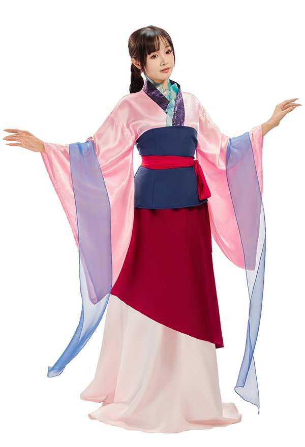 Disfraz de Cosplay de Mulan con manga y falda con Obi y Chal Disfraz de Cosplay de Mulan con manga y falda con Obi y Chal