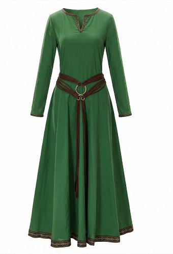 Vestido Medieval Estilo Vikingo Vintage Verde Largo con Cinturón
