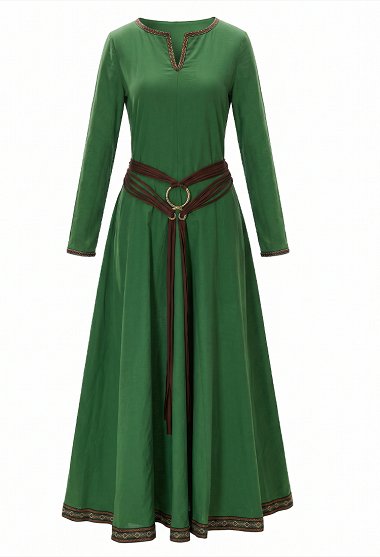 Vestido Medieval Estilo Vikingo Vintage Verde Largo con Cinturón