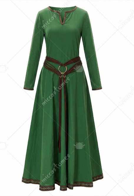 Medieval Viking-style Dress Vintage Green Long Dress with Belt