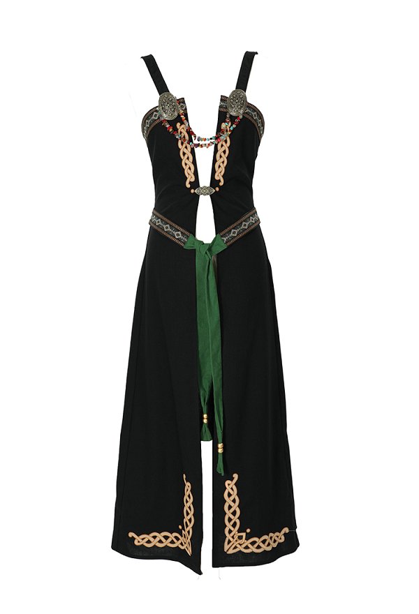 Medieval Viking Robe-style Apron Retro Front-Opening Outer Dress with Belt and Brooch