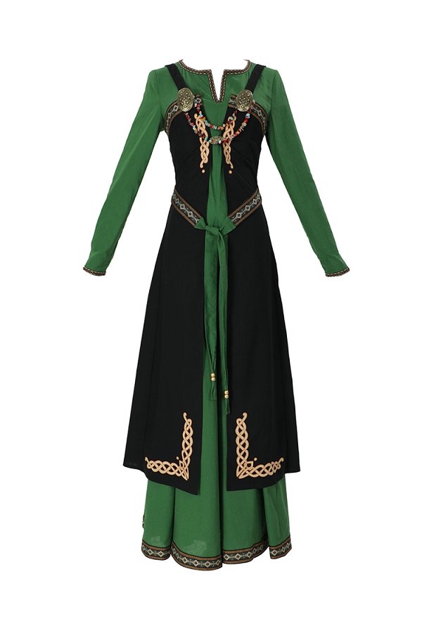 Medieval Viking Robe-style Apron Retro Front-Opening Outer Dress with Belt and Brooch