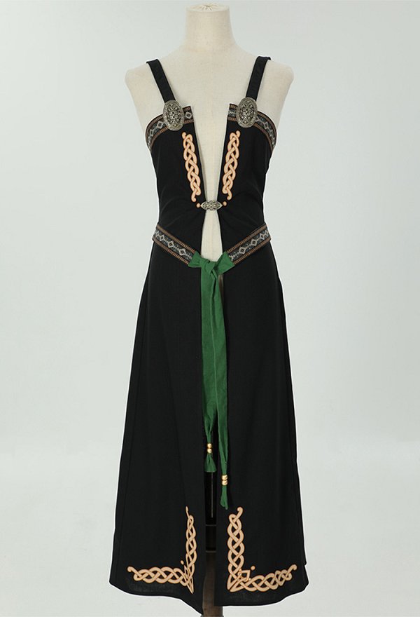 Medieval Viking Robe-style Apron Retro Front-Opening Outer Dress with Belt and Brooch