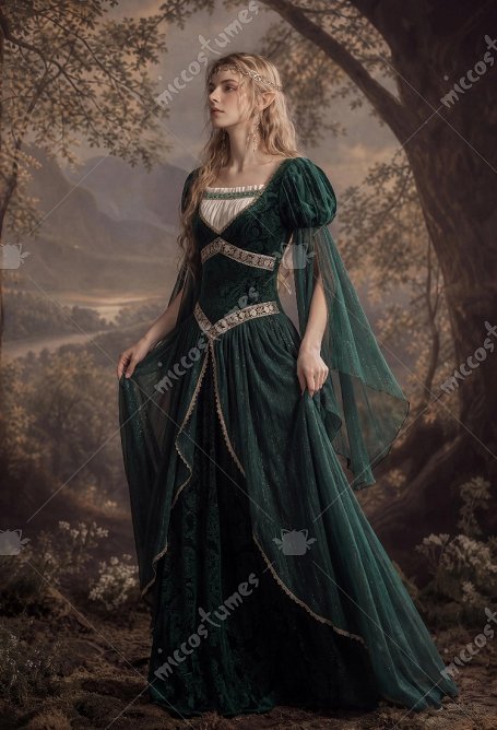 Daizbella Medieval Fantasy Elf Gown Dark Green Embossed Velvet Dress