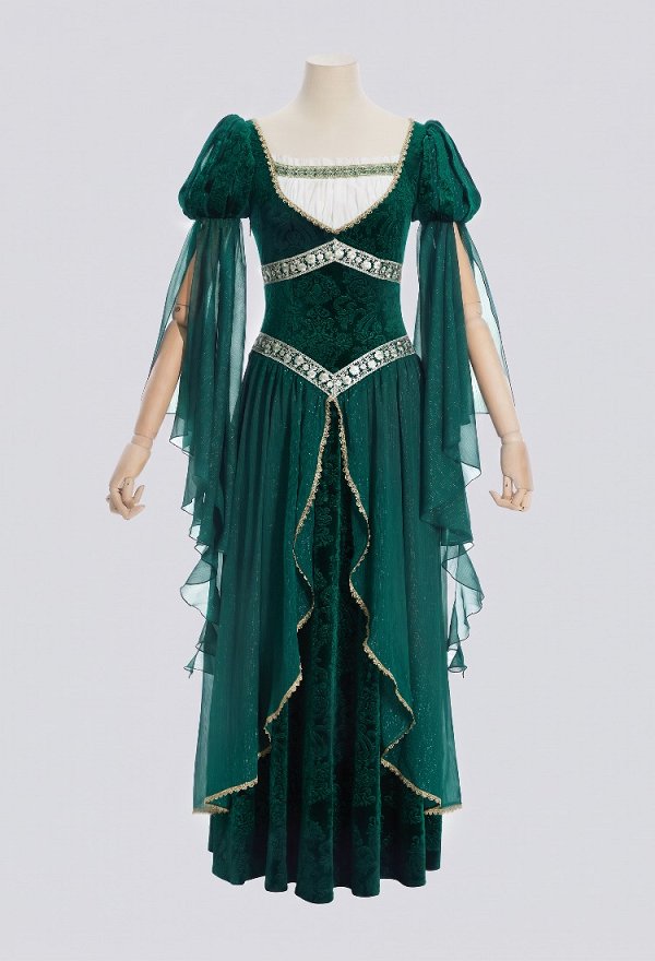 Daizbella Medieval Fantasy Elf Gown Dark Green Embossed Velvet Dress