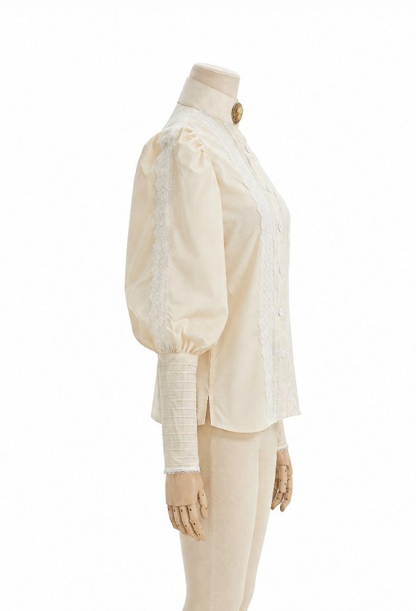 Daizbella Edwardian Vintage Puff Sleeves Shirt Cream White Lace Blouse with Brooch