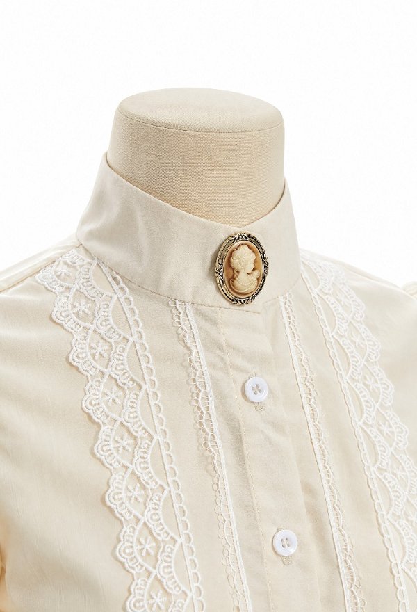 Daizbella Edwardian Vintage Puff Sleeves Shirt Cream White Lace Blouse with Brooch
