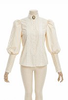 Daizbella Edwardian Vintage Puffärmel Bluse Cremeweiße Spitzenbluse mit Brosche