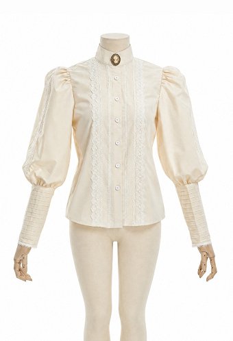 Daizbella Edwardian Vintage Puff Sleeves Shirt Cream White Lace Blouse with Brooch