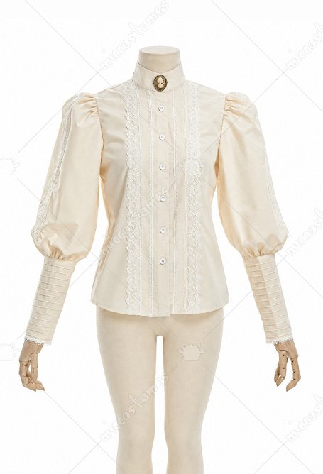 Daizbella Edwardian Vintage Puffärmel Bluse Cremeweiße Spitzenbluse mit Brosche