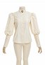 Daizbella Edwardian Vintage Puff Sleeves Shirt Cream White Lace Blouse with Brooch