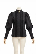 Daizbella Mittelalterliches Edwardian Puffärmel Bluse Schwarze Spitzenbluse mit Brosche
