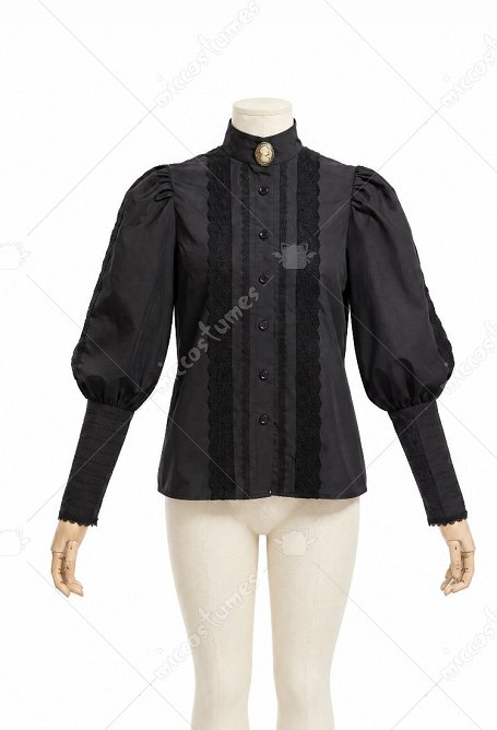 Blusa Medieval Eduardiana de Mangas Abullonadas Daizbella Blusa Negra de Encaje con Broche